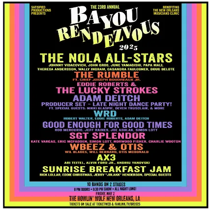 Satisfied Productions Presents 23rd Annual Bayou Rendezvous Benefiting the New Orleans Musicians Clinic