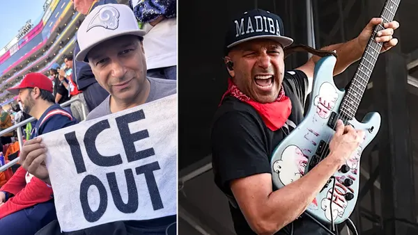 Tom Morello Holds Up “ICE OUT” Rally Towel at Super Bowl